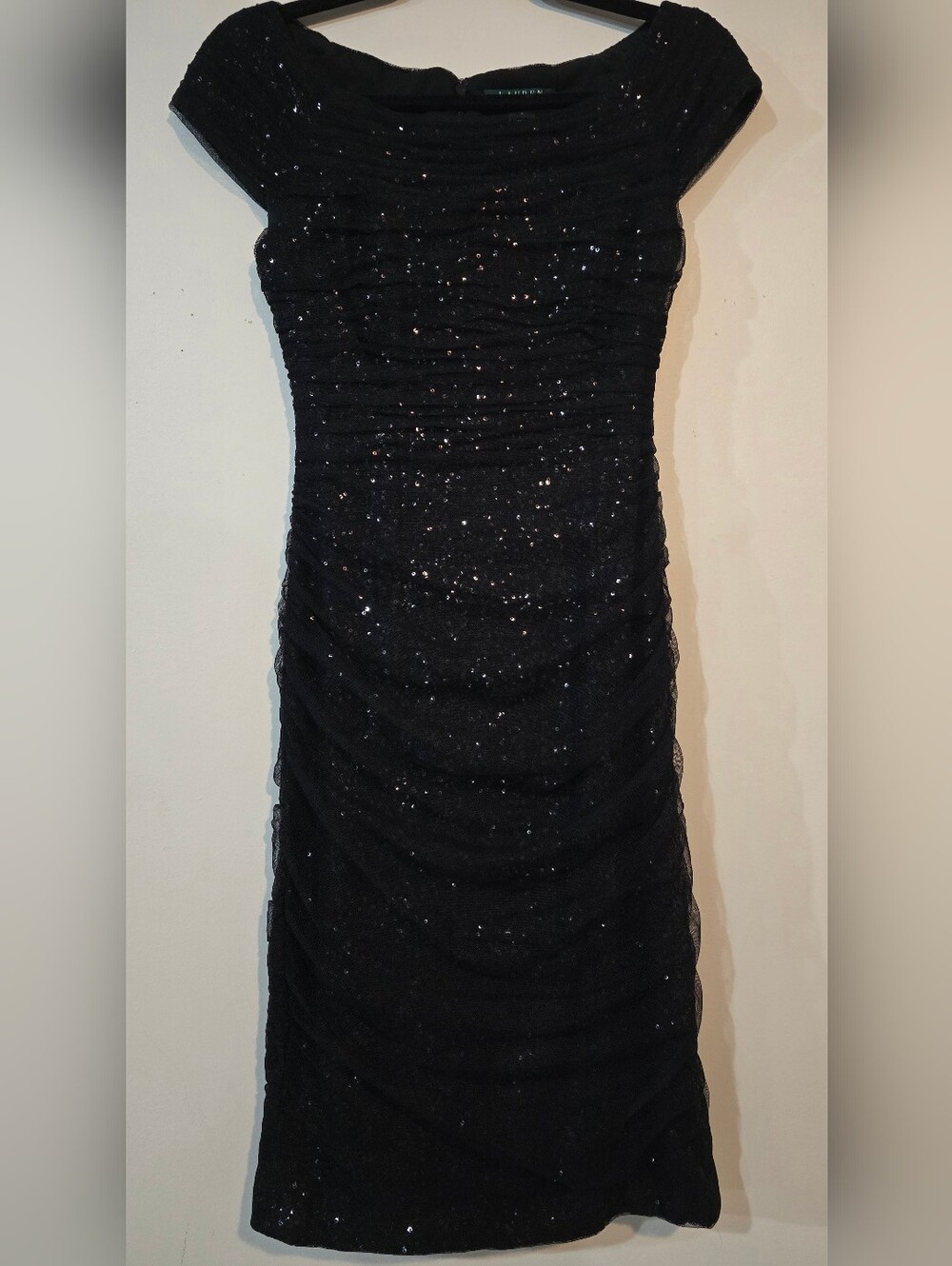 Ralph Lauren Evening Dress. Black Sequin Ruched Chiffon Mini Coctail. Size 2